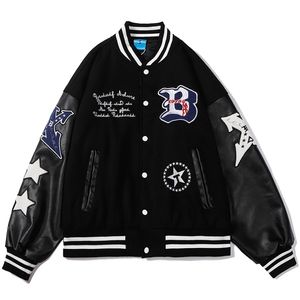 Hip Hop Baseball Jacket Coat Men Letter B Embroidery Leather Sleeve Varsity Bomber Biker Punk Vintage Fashion College 211110