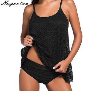 Plus Size Swimwear Women Black Tankini Tummy Control Tank Top Retro Solid Swimsuit With Shorts Two Piece Bathing Suit 210611