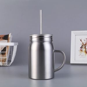 500ml/17oz Stainless Steel Mason Jar cup Silver Coffee Mug Portable Tumbler Dust-proof vacuum insulated food storage Bottle with Metasl Lids Straws and Handle