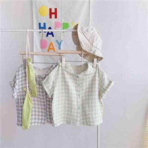 Korean style cotton yarn knitted short sleeve plaid shirts for girls soft cool sailor collar Tops 210708