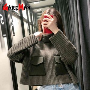 Pocket Oversized Jumpers Turtleneck Kvinnor Tjock Varm Tröja Kvinna Vinter Lös Knitwear Batwing Långärmad Pullover Toppar 210428