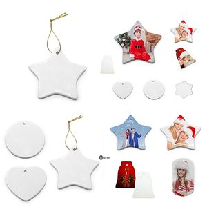 Favor Sublimation Blank Ceramic Pendant Heart-shaped Stars Christmas Ornaments DIY Crafts Festival Decoration JJF10392