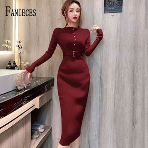 Mulheres Primavera Outono Malha Bodycon Midi Vestido Casual Longo Manga Comprida Mulher Elegante Slim Moda Vestidos Vestido 210520