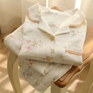 Hanxiuju Sweet Beige 100% Cotton Pajama Sets For Women Spring Autumn Floral Print Long Sleeve Loose Casual Comfortable Sleepwear 210928