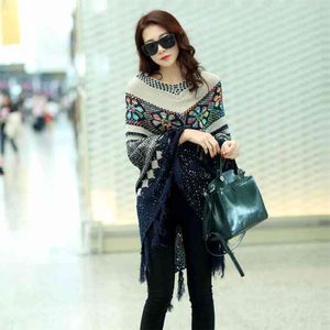 Ethnic Style Tassel Color Matching Mid-length Cape Shawl Women's Sweater Plus Size Irregular Bat Shirt Coat 210427