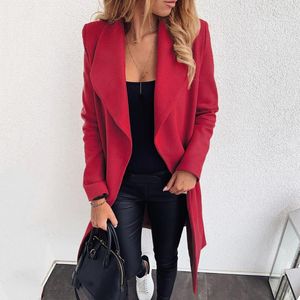 Women's Jackets Women Long Coat Wool Jacket Formal Office Lady Solid Slim Belt Rose Yellow Khaki Winter Turn-down Collar 2021