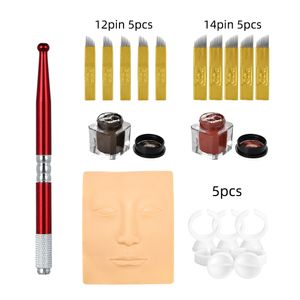 Sobrancelha Microblading Kit Tattoo Manual Pen HandSake 12pin 14Pin Agulhas Permanentes Maquiagem Lâminas Tatuagens Materiais Acessorie Equipamento