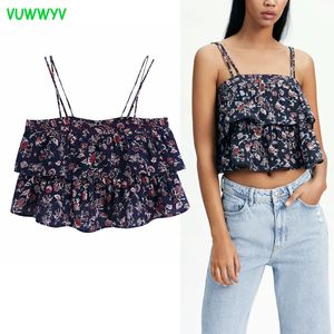 Ladies Tops Navy Blue Floral Print Ruffle Crop Top Women Summer Off Shoulder Strap Woman Blouses Fashion Elastic 210430