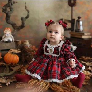 1-6Y Jul Girls Red Dress Toddler Baby Barn Lace Ruffles Tutu Party Plaid Xmas Kostymer Barnkläder 210515