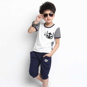 Aşk DDMM Boys Giyim Setleri Yaz Çocuk Giyim Kız Rahat Çizgili Çapa Dikiş Spor T-Shirt + Pantolon Takım Elbise 210715