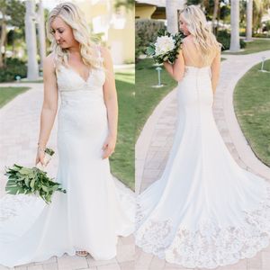 Summer Spaghetti Straps Lace Wedding Dresses Bridal Gowns Mermaid V-neck Backless Satin Appliques Cut-Out Boho Beach Formal Bride Dress Custom Made