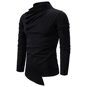 Dark Irregular Mens T Shirt Full Sleeve Casual Slim T Shirt Men Oblique Button Design Camisetas Gothic Vintage Men Clothing 210524