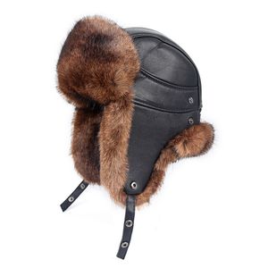 Bomber chapéu de chapéu novo inverno quente russo urshanka chapéu com aba de orelha PU couro caçador de couro foox faixas de raposa earflap neve chapéus