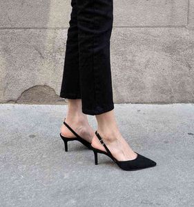 Платье обувь Заостренные пальцы ног неглубокие офисные дамы насосы обратно ремень пряжка черные стаи тонкие высокие каблуки мода летнее удобное платье женщина обувь 220315