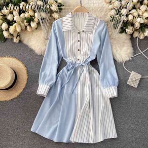 キムトモ縞模様のパッチワークシャツのドレス女性のプレッピースタイルの春夏のターンダウンカラースリムウエストヴェスディドフェミニノ210521