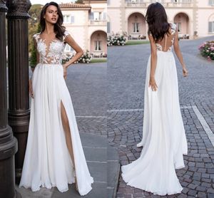 Summer Beach Boho Wedding Gowns Jewel Neck Lace Appliques Cap Sleeve Bridal Dress Sexy Side Slit Sweep Train Chiffon A Line robes de mariée Illusion Back 2021 AL8923