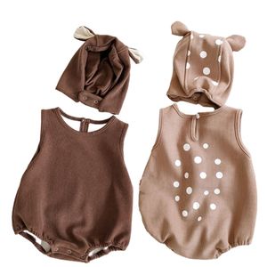 Sonbahar Kış Bodysuits Kürk Astar Bebek Erkek Giysileri Geyik Tarzı Toddler Kız Tek Parça Kore Bebek Kıyafet Şapka Ile Sıcak 210417