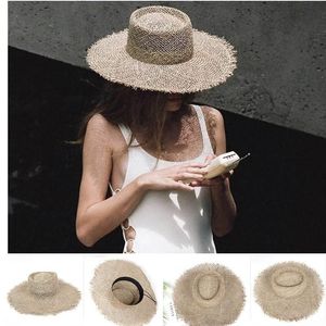 Trends natürliche Gräser Sommerhut Frauen Stroh Strand Visierschutz Sonnenhüte breit Krempe Sunhat