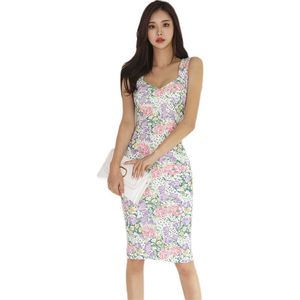 elegant print Sexy tight Dress korean ladies Sleeveless V neck Cabaret party Bodycon Dresses for women 210602