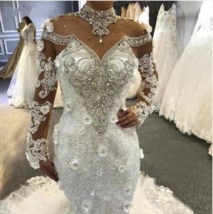 Mermaid Arabic Dubai Wedding Dresses Bridal Gowns High Neck Sheer Mor Beading Crystals Illusion Long Sleeves With Flowers Hollow Back