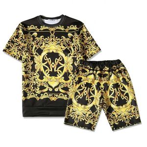 Unisex man woman 3D fashion t-shirt casual men's sets baroque printing short sleeves shorts X0610