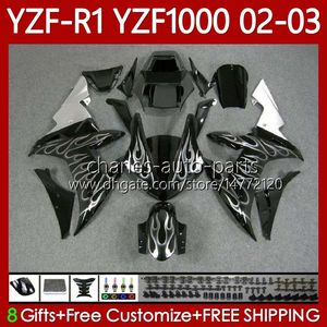 Motorcykelkropp för Yamaha YZF-R1 YZF-1000 YZF R 1 1000 CC 00-03 Bodywork 90NO.47 YZF R1 1000CC YZFR1 02 03 00 01 YZF1000 2002 2003 2000 2001 OEM Fairings Kit Silver Flames