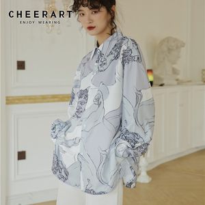 Renaissance Print Top Långärmad Blus Fall Kvinnor Knapp Up Designer Shirt Vit Lösa Kläder Höst 210427