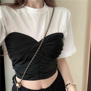 Styl Koreański Styl Krótki Rękaw Crop Top Luźne Faux Dwie Sztuki Kobiet Koszulki Femme (R98281) 210423