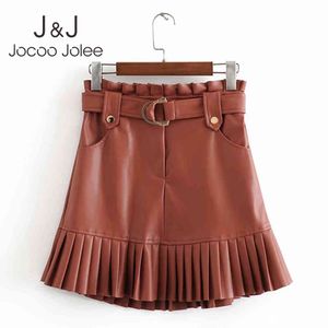 Mulheres Primavera Coreano Chic Pu Couro Mini Saia Alta Cintura Elegante Saias Plissadas Moda All-Match Faux Leather Skirt 210518