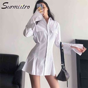 Shirt Dress Women Summer Single Breasted Flare Long Sleeve Tunic White Office Lady Mini Female 210421