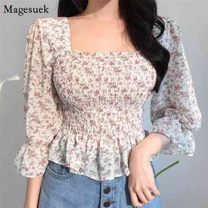 Camisas Do Outono Mulheres Impresso Chiffon Camisa Flare Sleeve Blusa Top Square Collar Vestuário Floral Blusas Mujer 10280 210512