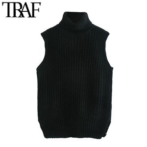 TRAF Women Fashion Loose Cable-Strict Vest Sweater Vintage High Neck Ärmlös Kvinna Waistcoat Chic Toppar 210415