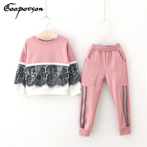 Fall Fashion Girls Clothes Set Long Sleeve Lace Sweatshirt&Pants Sport Suit Kids Girl Spring Tracksuit Pink Black Clothing Set 210715