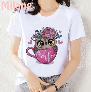 T-shirt das mulheres do verão Forme a coruja bonito impressa senhoras tshirt de Harajuku Manga curta Branca Grande Top Feminino Camiseta