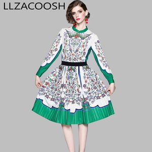 Runway Designer Skirts Two Pieces Set Women's Elegant Floral Printed Long sleeve Blouses and Vintage Pleated Midi Skirt Set 210514