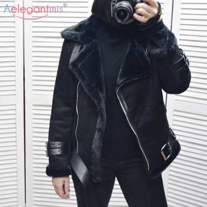 Aelegantmis Winter Fur Jacket Women's Long Sleeved Belt Warm Suede Leather Thickened Lamb Wool Female Coat Beige Black 210607