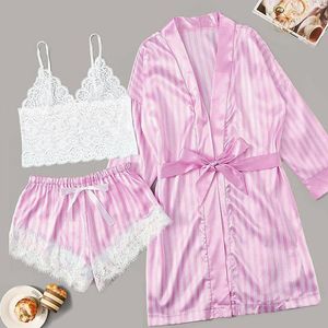 Women's Sleepwear Sexy Lace 3 Pieces Robe&Gown Sets Women Wire Free Bra Camisole Shorts Pajamas Stripe Bathrobe Nightwear Underwear Suit