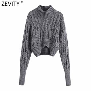 Mulheres Vintage Turtleneck Twist Crochet Curto Tricô Sweater Feminino Lanterna Manga Chic Casual Pullovers Tops S564 210416