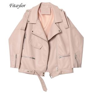 Fi Jesień Kobiety Faux Soft Leather Luźna Kurtka Płaszcz Turndown Collar Zipper PU Motocykl Płaszcz Kobiet Rivet Punk Kurtka 211204