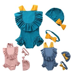 Bebé Swimsuit One Piece Kids Girls Swimwear para 1-6years Moda Fashion Children Nating Suit 3pcs Ruffled Bow Beachwear 210417