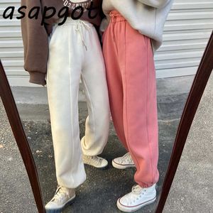 الخريف الشتاء سميكة القطن الصوف ركض sweatpants فضفاض البرية عالية الخصر الصلبة زائد الحجم الأبيض الحريم السراويل المرأة عارضة شيك 210610