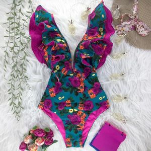 Sexy Rüschendruck Blumen Einteiliger Badeanzug Schulterfrei Bademode Damen Solid Deep-V Beachwear Badeanzug Monkini