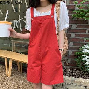 Korjpaa Kvinnor Sommar Koreanskt Chic Sweet Square Collar Trä öron Puffhylsa Skjorta Lösa Casual Suspenders Jumpsuit 210526