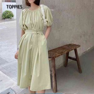 Summer Green Midi Dress Loose Oversized Puff Sleeve Blouses Woman Lace Up Belt Solid Color Cotton Korean 210421