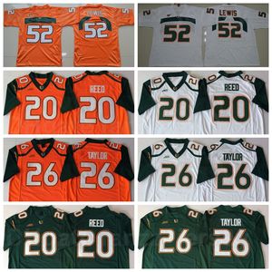 NCAA Football Miami Hurricanes College 20 Ed Reed Jersey 52 Ray Lewis 26 Sean Taylor University Team Cor laranja verde branco bordado e costurado de alta qualidade