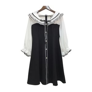 Koronki Czarny Biały Patchwork Dress Sailor Collar Button 3/4 Rękaw Mini Eleganckie Biuro Lady D 210514