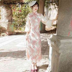 Bomull spets långa kvinnor klänning blommig förbättrad cheongsam split mantel mittkalv parti elegant rosa sommar 210603