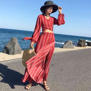 Summer Chiffon 2 Pcs Pantalone Donna Red Striped Print Sexy Backless Bow Short Top + Vita alta Split Gamba larga Tailleur pantalone 210515