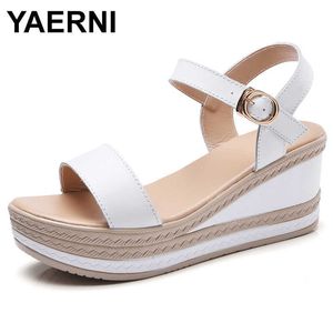 YAERNI Women Flat Platform Sandals Shoes Leather Buckle T Strap Basic Sandals Shoe Elagant Office Summer High Heels Shoes 210624