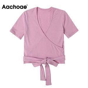 Summer V Neck Dzianiny T Women Bow Tie Casual Tee Koszula Crop Top Kobieta Solid Color Krótki Rękaw Tshirt Topy 210413